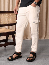 Mr Bowerbird Men Cropped Tapered Fit Light Fade Cargo Style Stretchable Jeans