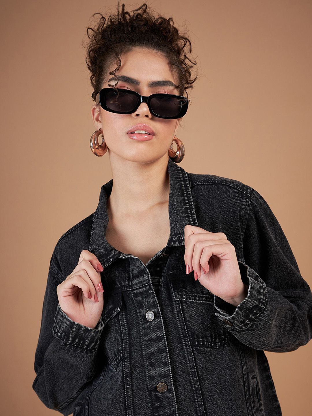SASSAFRAS Black Washed Spread Collar Denim Jacket