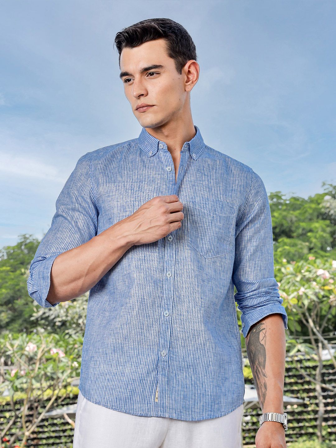 Thomas Scott Men Premium Regular Fit Vertical Striped Linen Casual Shirt
