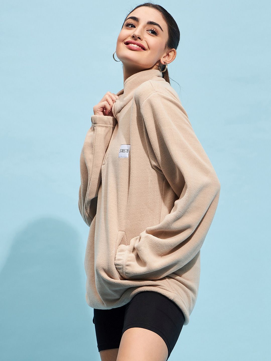 STREET 9 Beige Mock Collar Oversized Sweatshirt