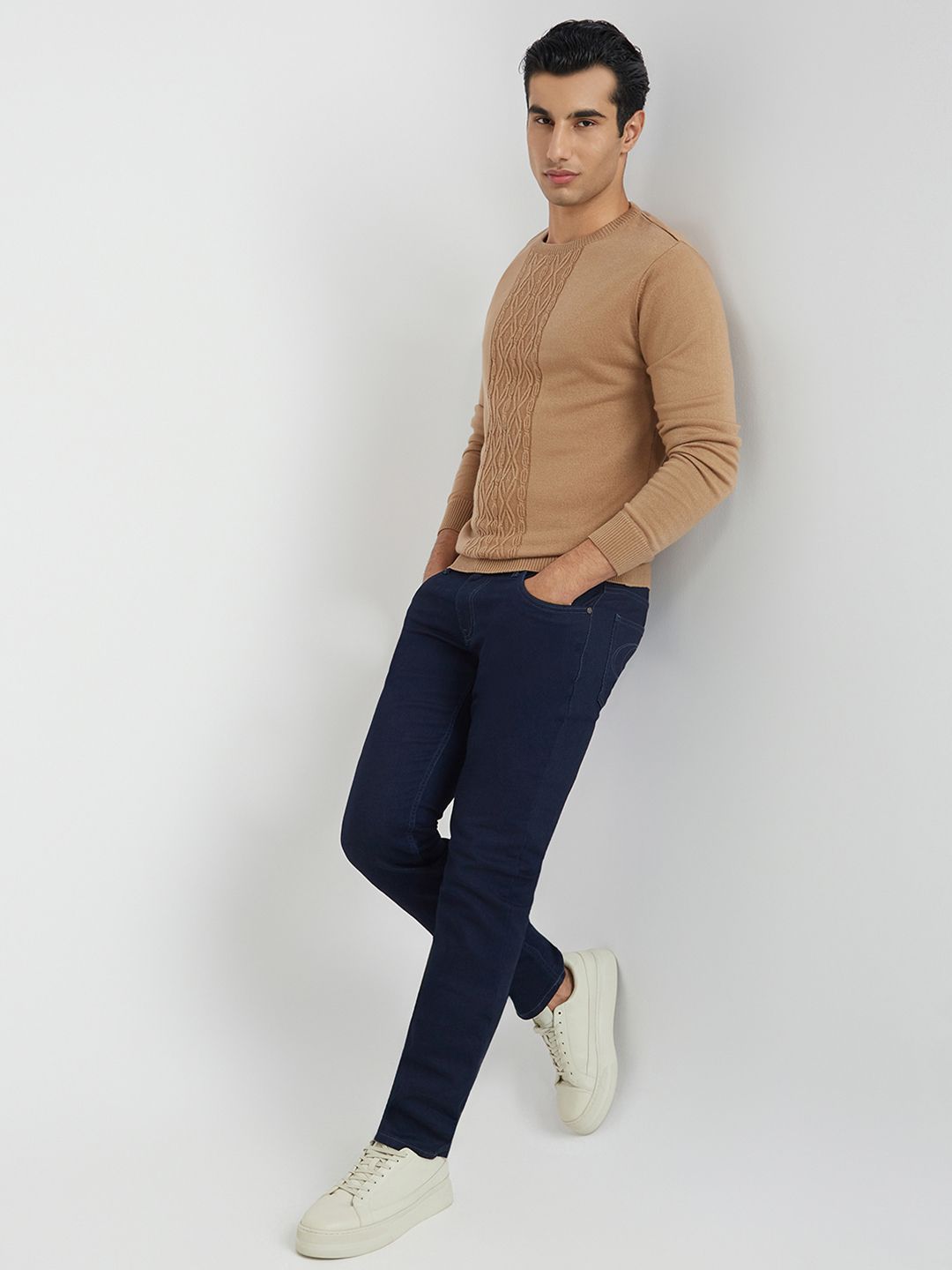 Raymond Men Beige Self Design Pullover