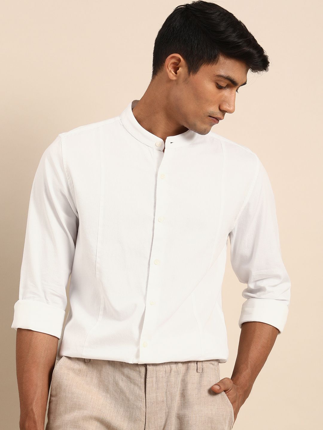 ether Men White Solid Mandarin Collar Casual Shirt