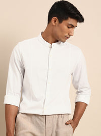 ether Men White Solid Mandarin Collar Casual Shirt
