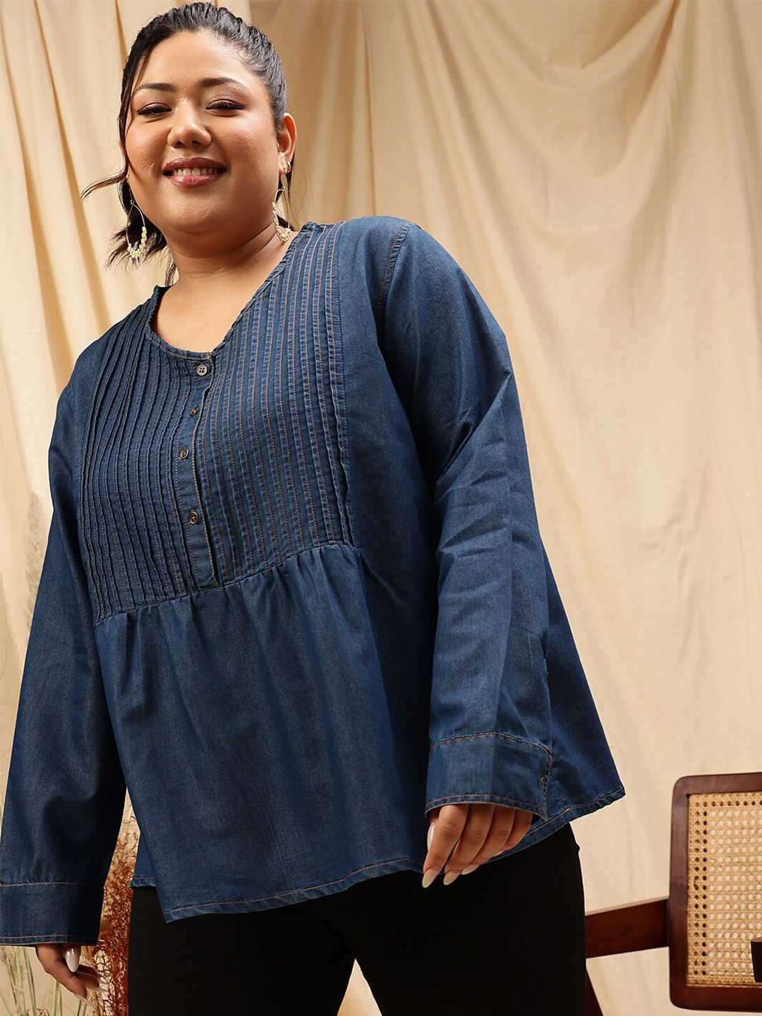 CURVY STREET Plus Size V-Neck Cotton Denim Top