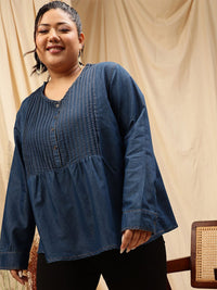 CURVY STREET Plus Size V-Neck Cotton Denim Top