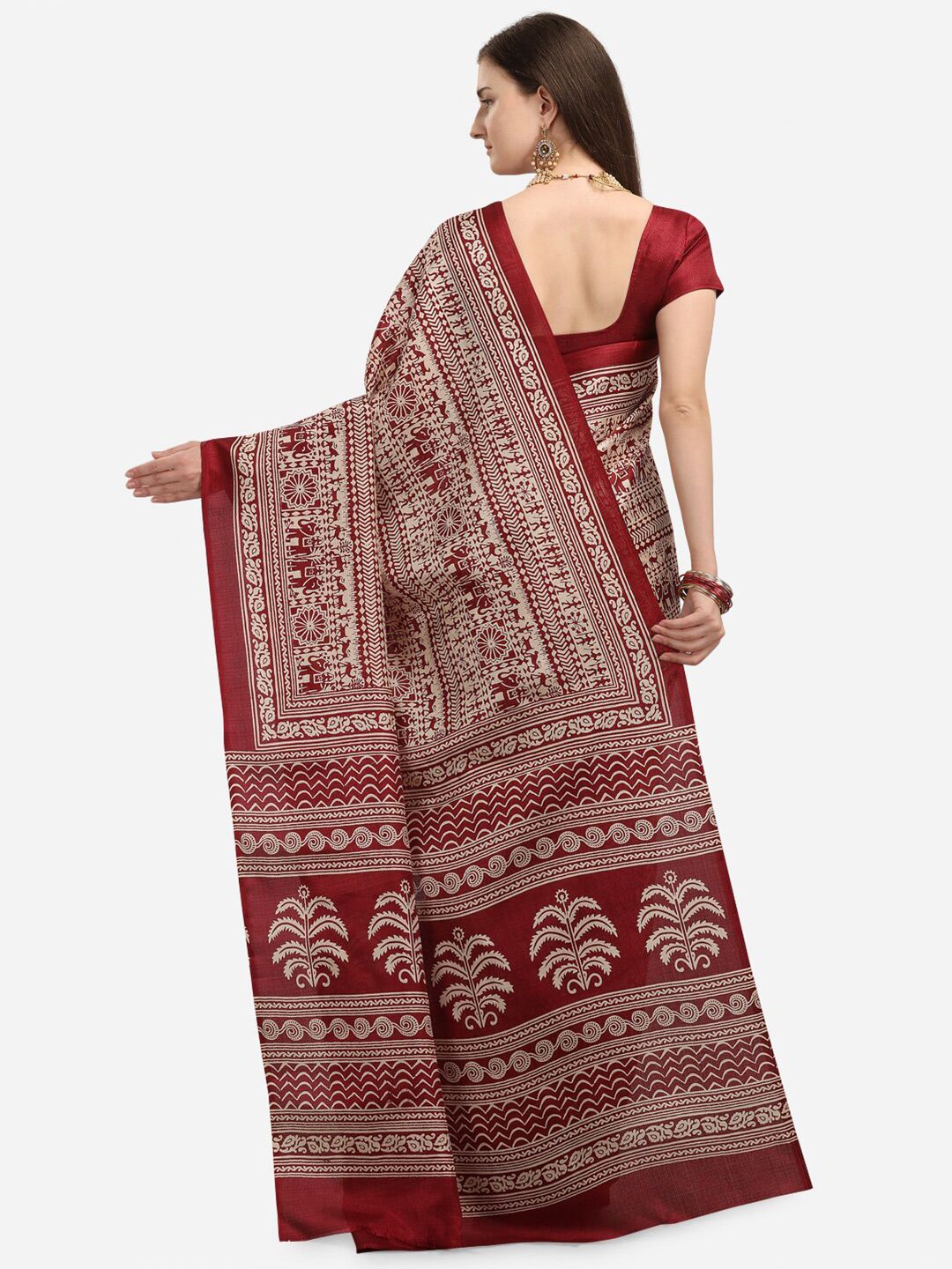 KALINI Maroon & Cream-Coloured Khadi Silk Kalamkari Saree