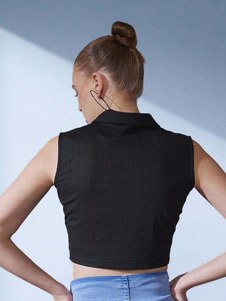 STREET 9 Black Polo Collar Ribbed Self-Striped Crop Top