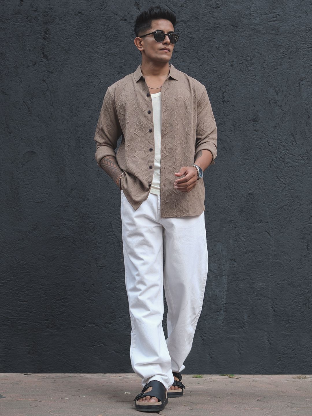 Powerlook India Slim Floral Self Design Spread Collar Casual Shirt