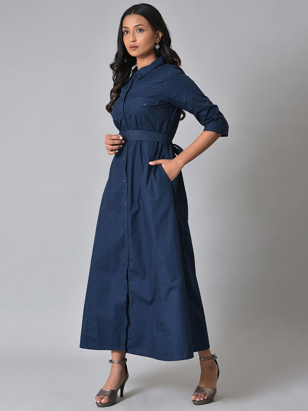 W Women Mandarin Collar Maxi Pure Cotton Dress With Fabric Belt