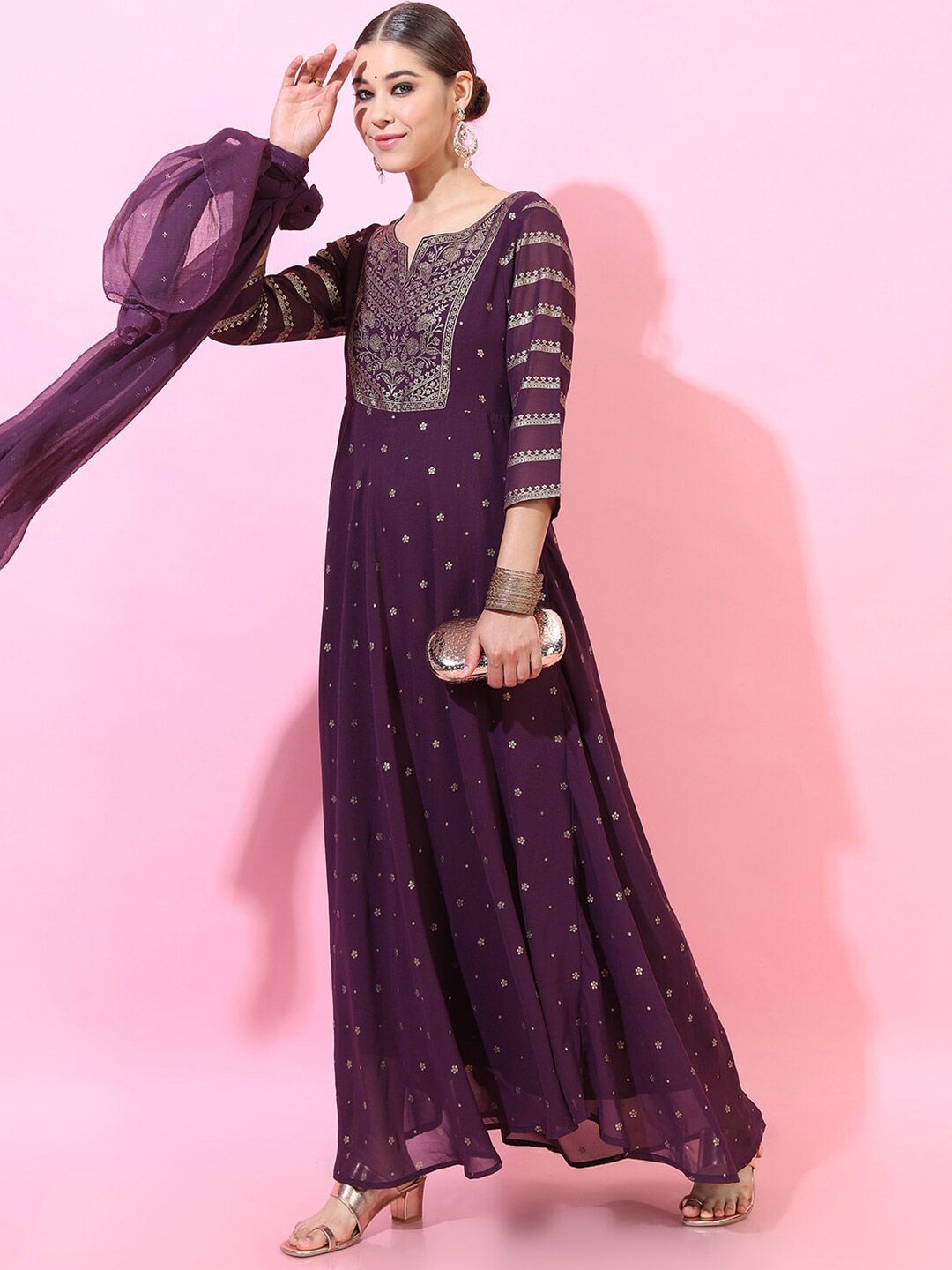 Vishudh Women Purple Printed Maxi Dress With Dupatta