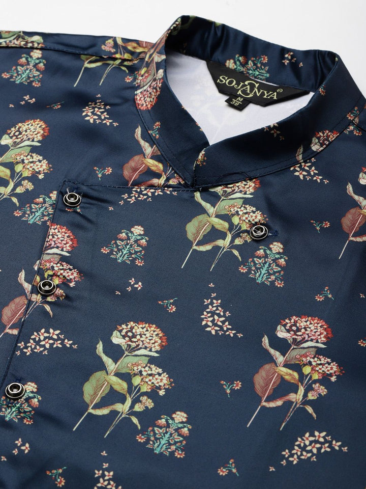 SOJANYA Men Blue Solid Kurta Set With Printed Jacket