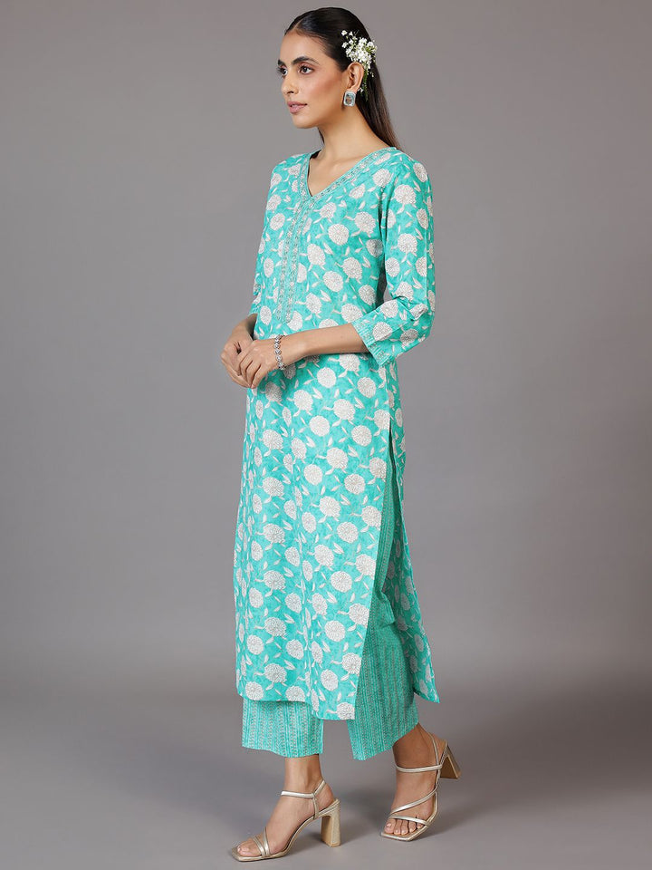 Libas Floral Printed V-Neck Thread Work Kurta With Trousers & Dupatta