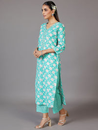 Libas Floral Printed V-Neck Thread Work Kurta With Trousers & Dupatta