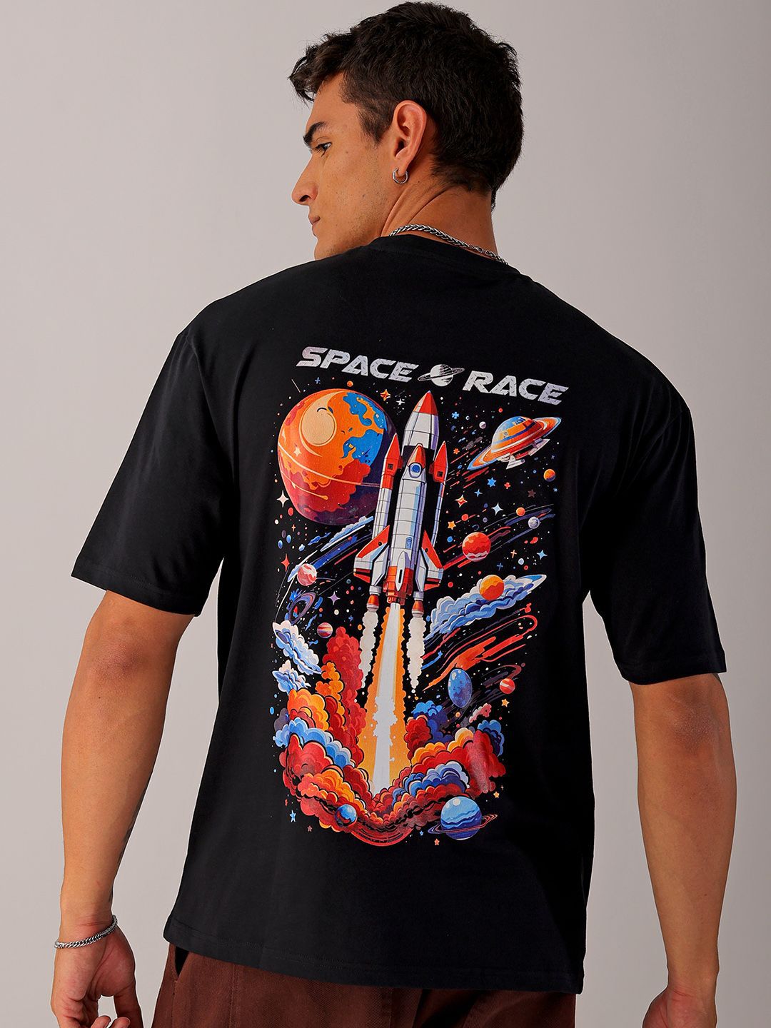 The Indian Garage Co Men Back Printed Boxy Oversized Round Neck T-shirt