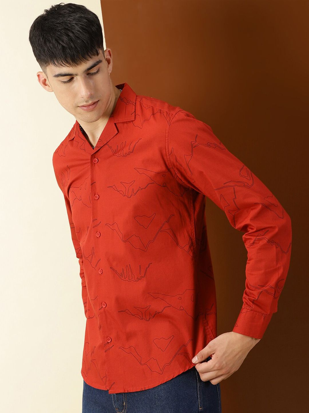 Thomas Scott Classic Abstract Printed Cuban Collar Cotton Casual Shirt