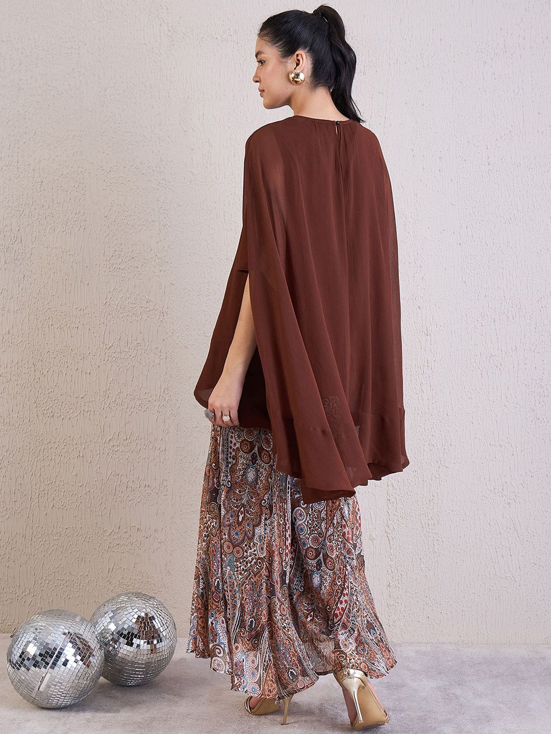 Antheaa Brown Embellished Round Neck Short Sleeves Top & Palazzos