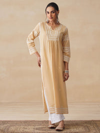 House of Chikankari Women Beige Cotton Chikankari Embroidered Kurta