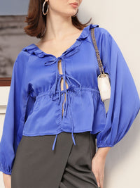DressBerry Whimsy & Wow Ruffles Detail Tie-Up Front Cinched-Waist Top