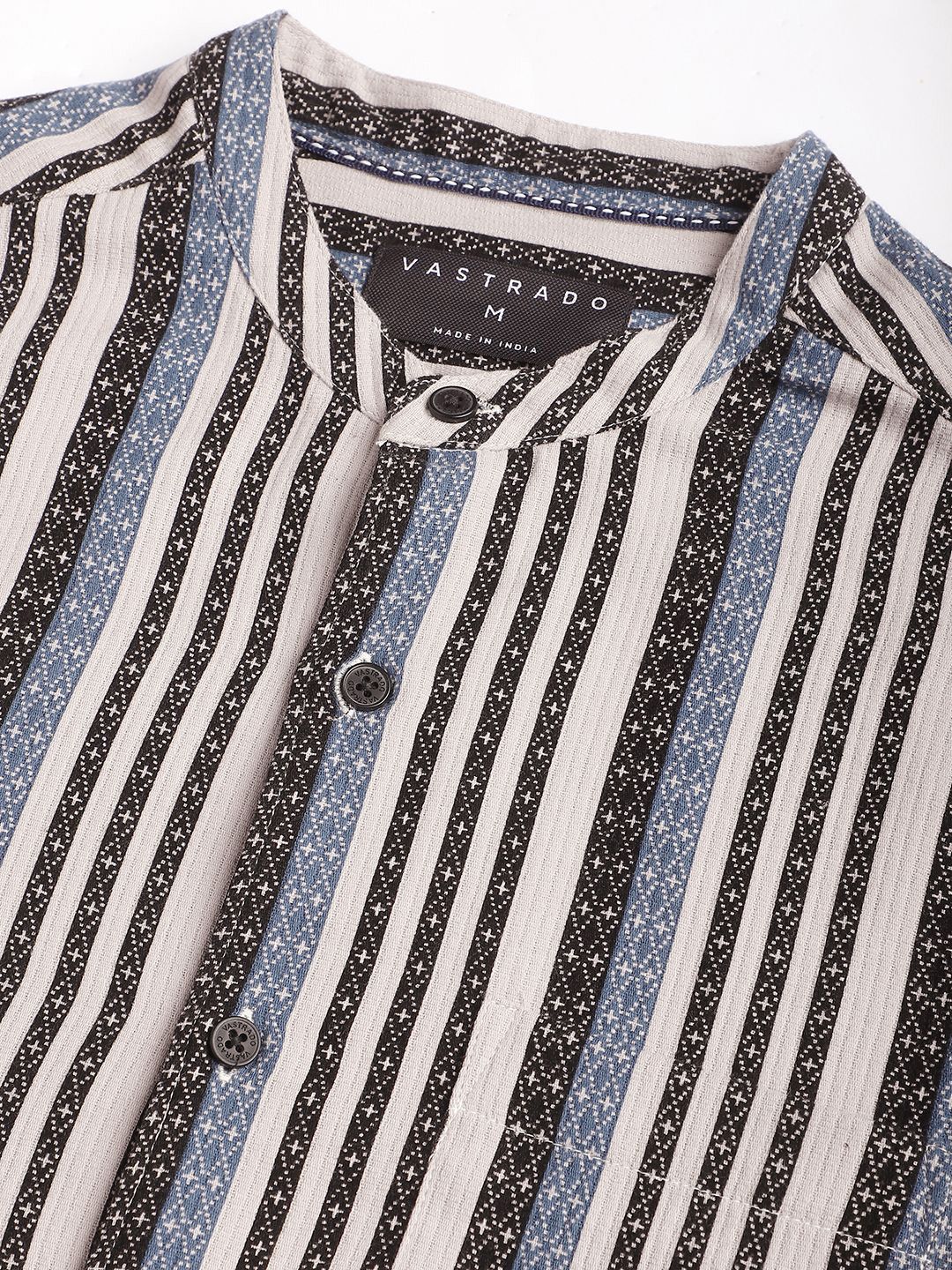 VASTRADO Men Classic Mandarin Collar Multi Striped Cotton Slim Fit Casual Shirt