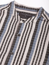 VASTRADO Men Classic Mandarin Collar Multi Striped Cotton Slim Fit Casual Shirt