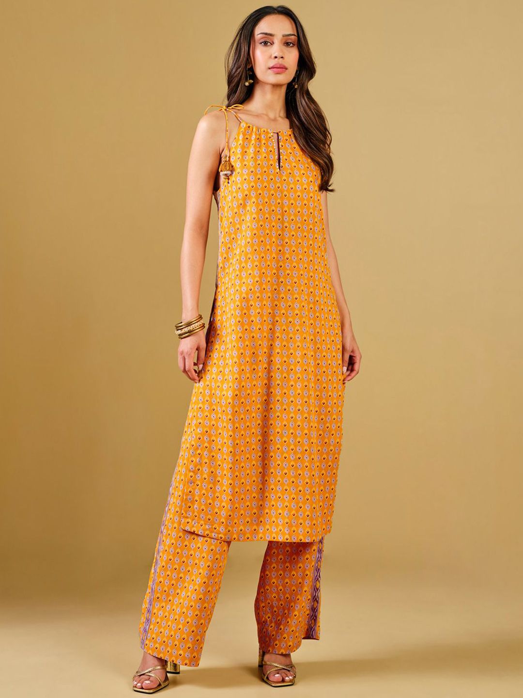 Global Desi Ethnic Motifs Printed Shoulder Straps Sequinned Straight Kurta with Trousers