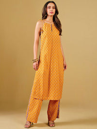 Global Desi Ethnic Motifs Printed Shoulder Straps Sequinned Straight Kurta with Trousers