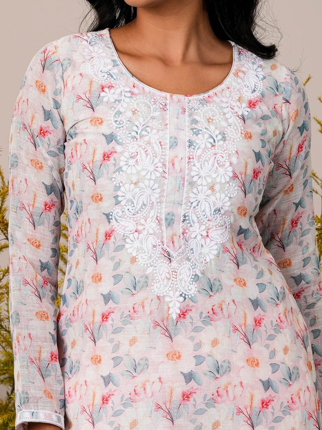 Libas Pink Floral Printed Straight Round Neck Thread Work Linen Kurta Set