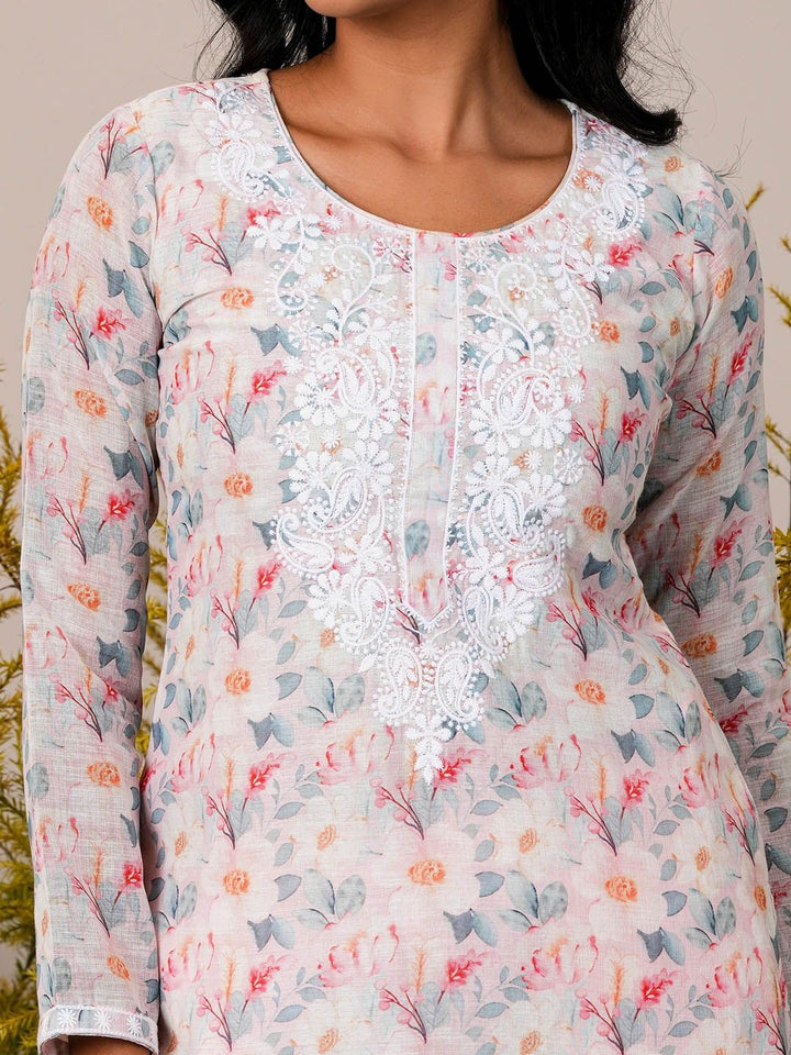 Libas Pink Floral Printed Straight Round Neck Thread Work Linen Kurta Set