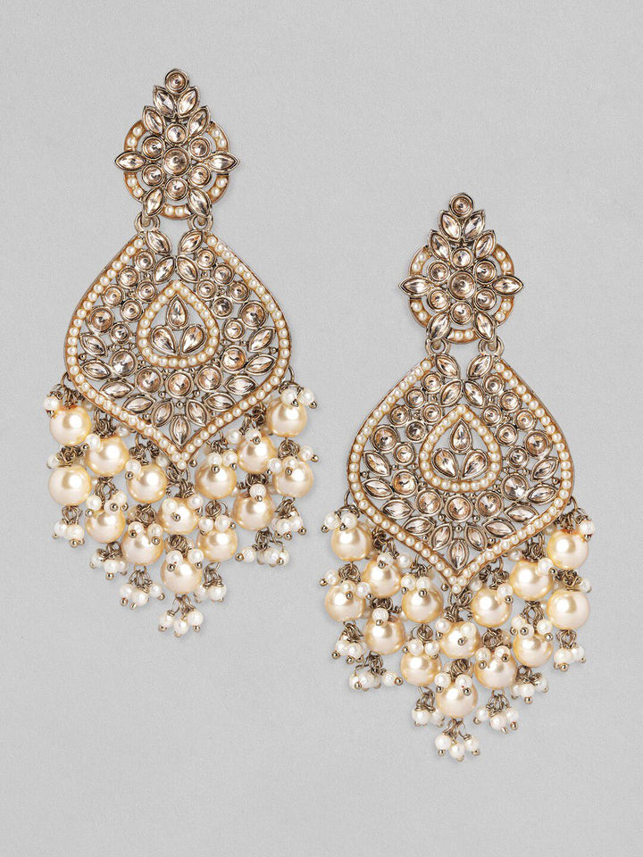 Rubans 18K Gold-Plated Kundan & Glosssy Off-White Pearl Beaded Chandelier Earrings