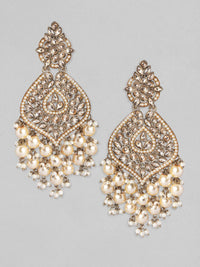 Rubans 18K Gold-Plated Kundan & Glosssy Off-White Pearl Beaded Chandelier Earrings