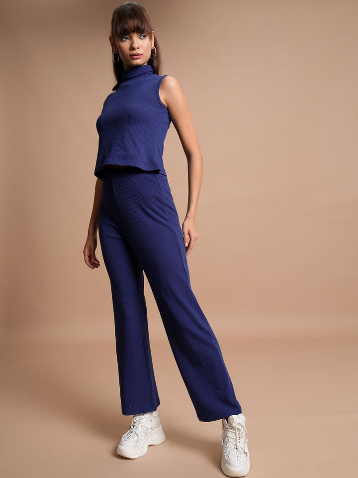 Tokyo Talkies Navy Blue Self Design High Neck Top & Trouser With Shrug Co-Ords