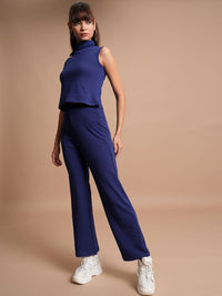 Tokyo Talkies Navy Blue Self Design High Neck Top & Trouser With Shrug Co-Ords