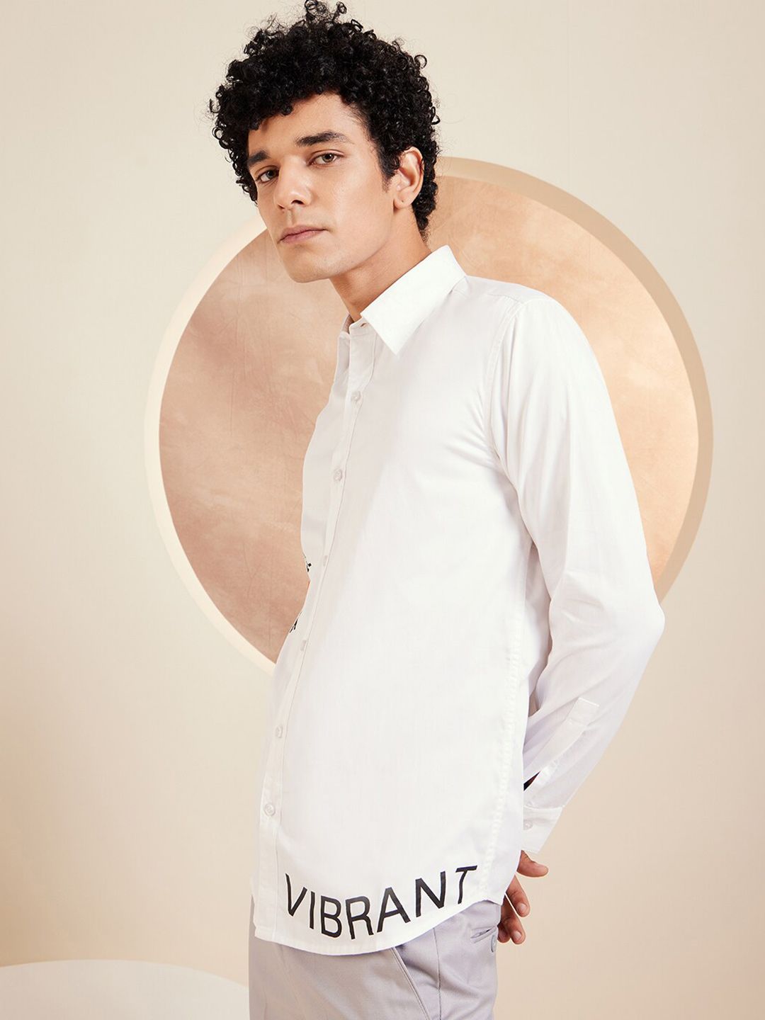 DENNISON Smart Typography Printed Spread Collar Long Sleeve Cotton Shirt