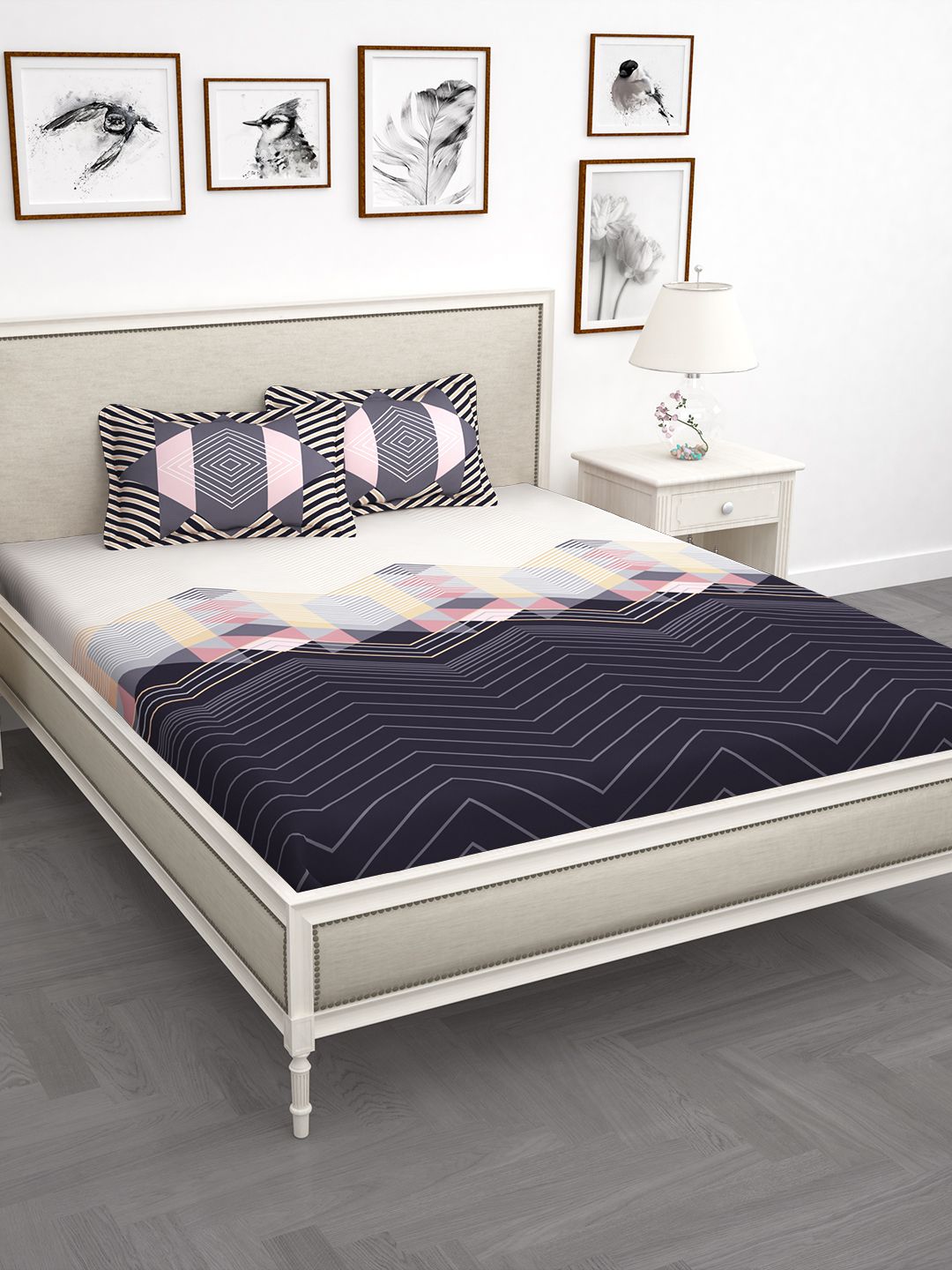 Story@home White & Purple Abstract 210TC Cotton 1 King Bedsheet with 2 Pillow Covers
