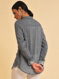 W Grey Striped Embroidered Pure Cotton Shirt Style Top
