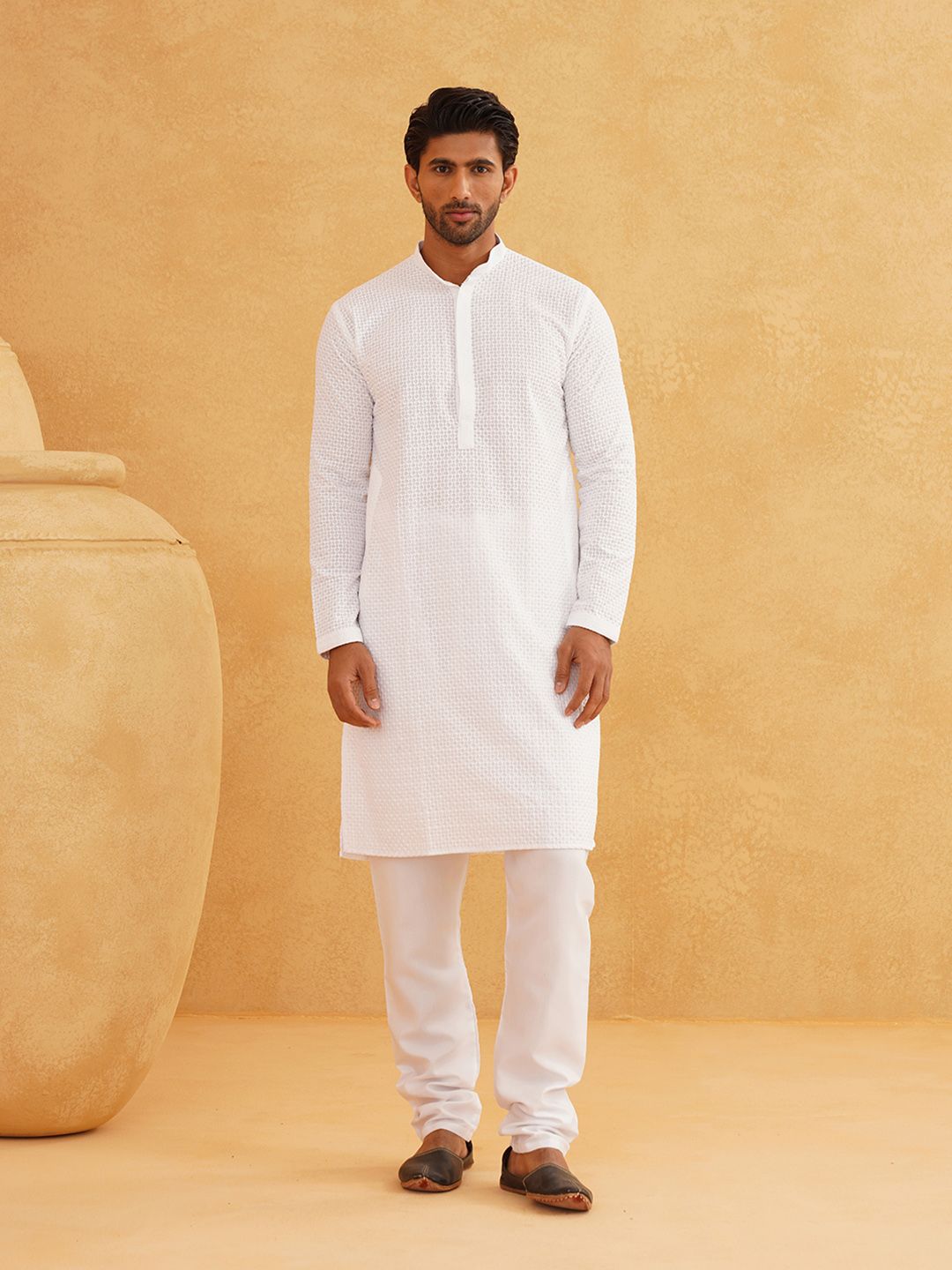 SOJANYA Kurta Katun Tulen Bersulam Geometrik Kolar Mandarin Lurus