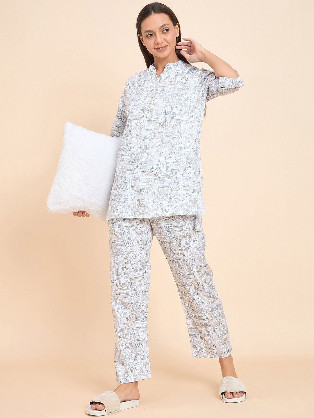 Sweet Dreams Grey Graphic Printed Pure Cotton Kurti With Pyjamas