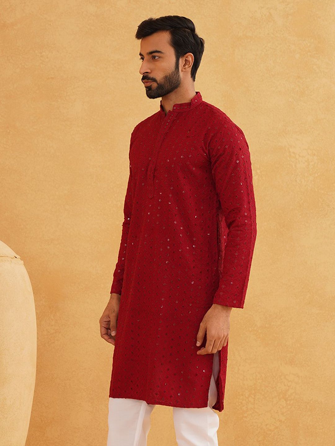 SOJANYA Ethnic Embroidered Sequined Pure Cotton Straight Kurta