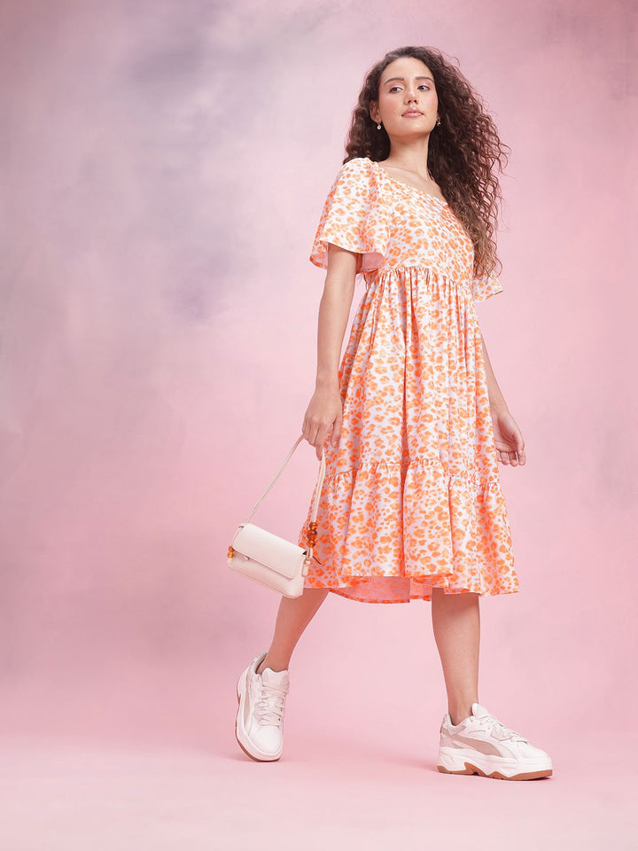 DressBerry Print Flared Sleeve A-Line Midi Dress