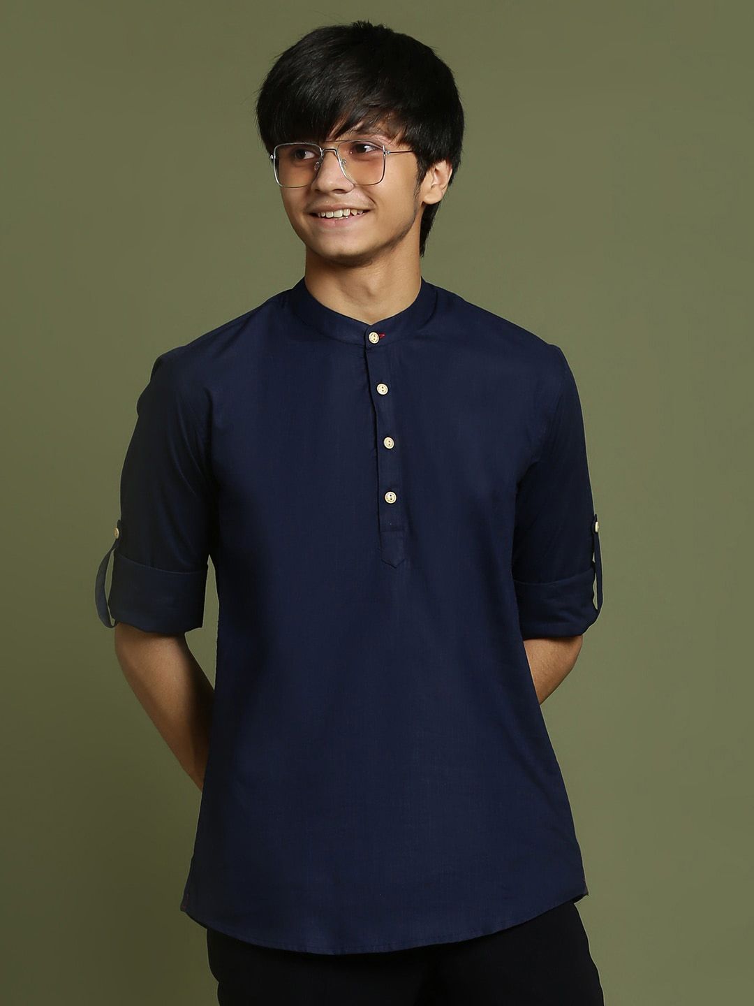 VASTRAMAY Boys Band Collar Roll-Up Sleeves Straight Kurta