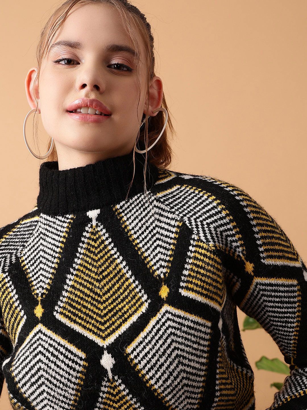 STREET 9 Geometric Printed Turtle Neck Ribbed Jacquard Acrylic Pullover