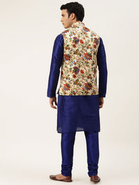 SOJANYA Men Navy Blue Kurta with Churidar And Nehru Jacket