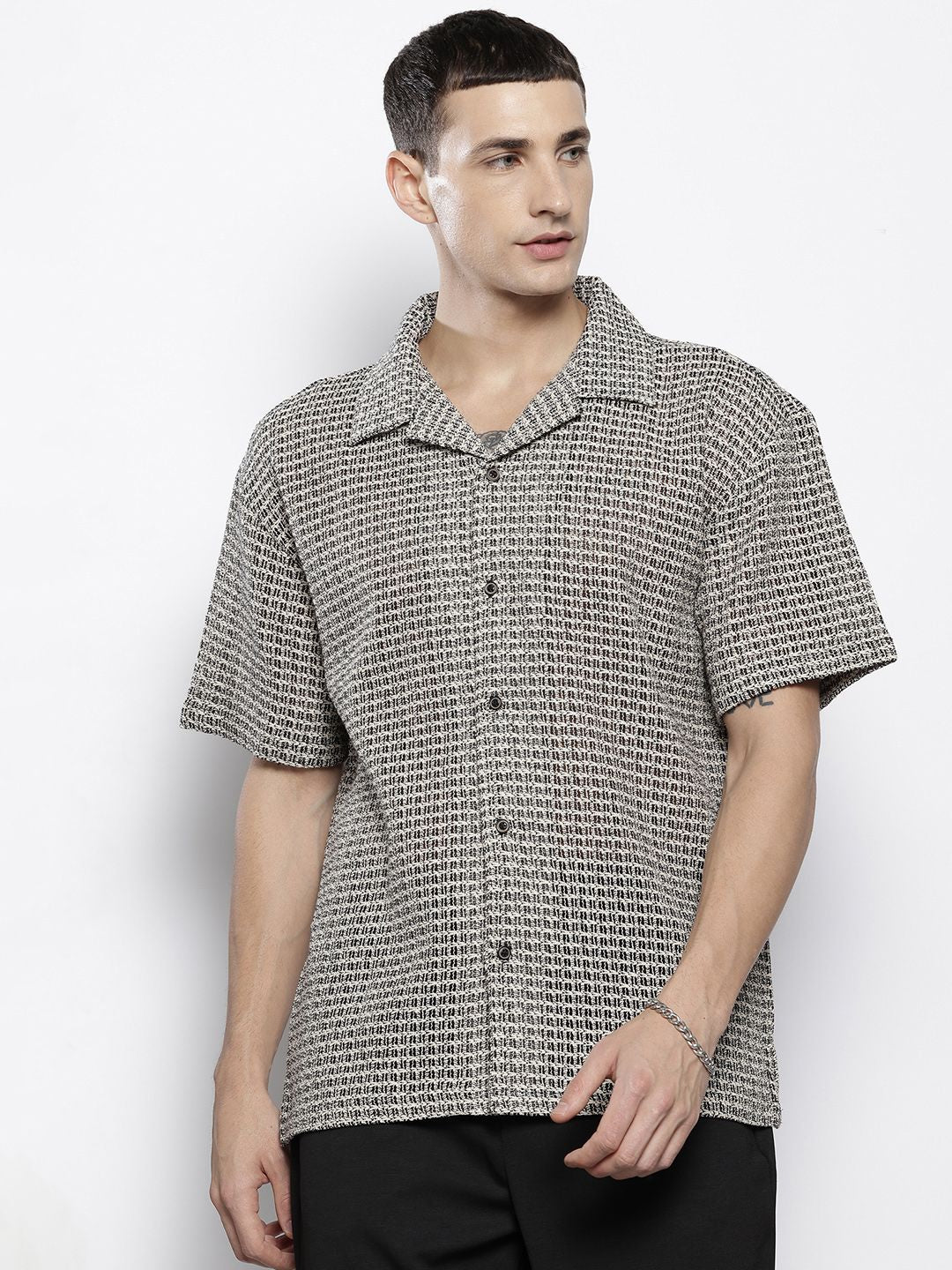 The Indian Garage Co Men Textured Open Weave Knitted Relaxed Fit Shirt