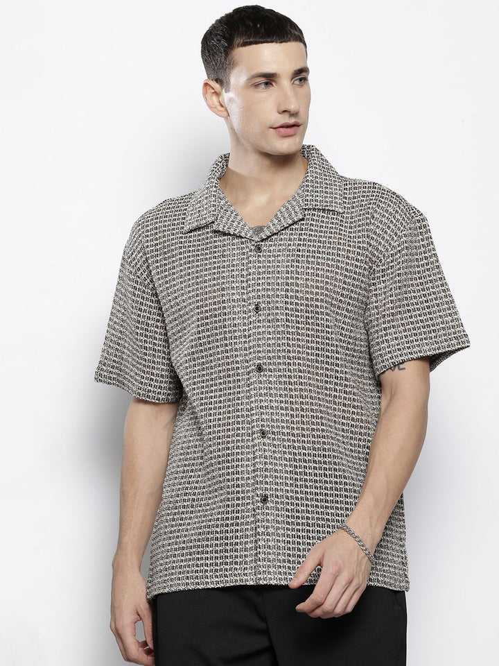 The Indian Garage Co Men Textured Open Weave Knitted Relaxed Fit Shirt