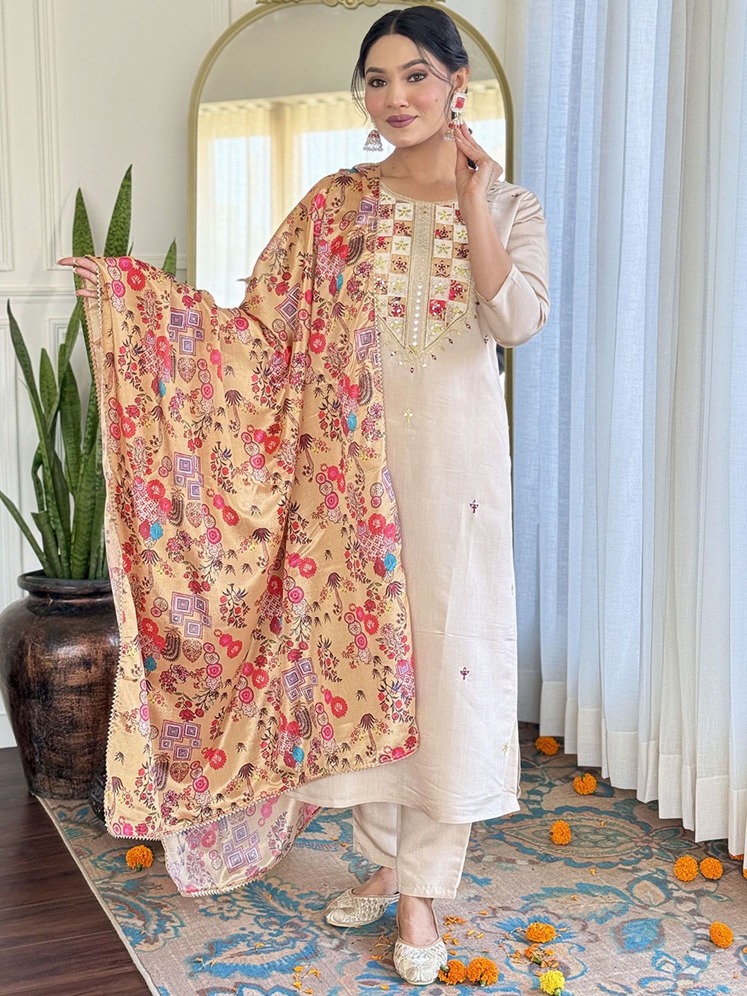 KALINI Floral Embroidered Sequnnied Straight Kurta With Trousers And Dupatta