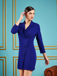 SASSAFRAS Blue Self Design Lapel Collar Sheath Dress