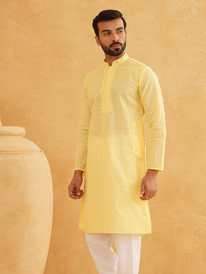 SOJANYA Lelaki Motif Etnik Kapas Tulen Sulam Kurta Chikankari