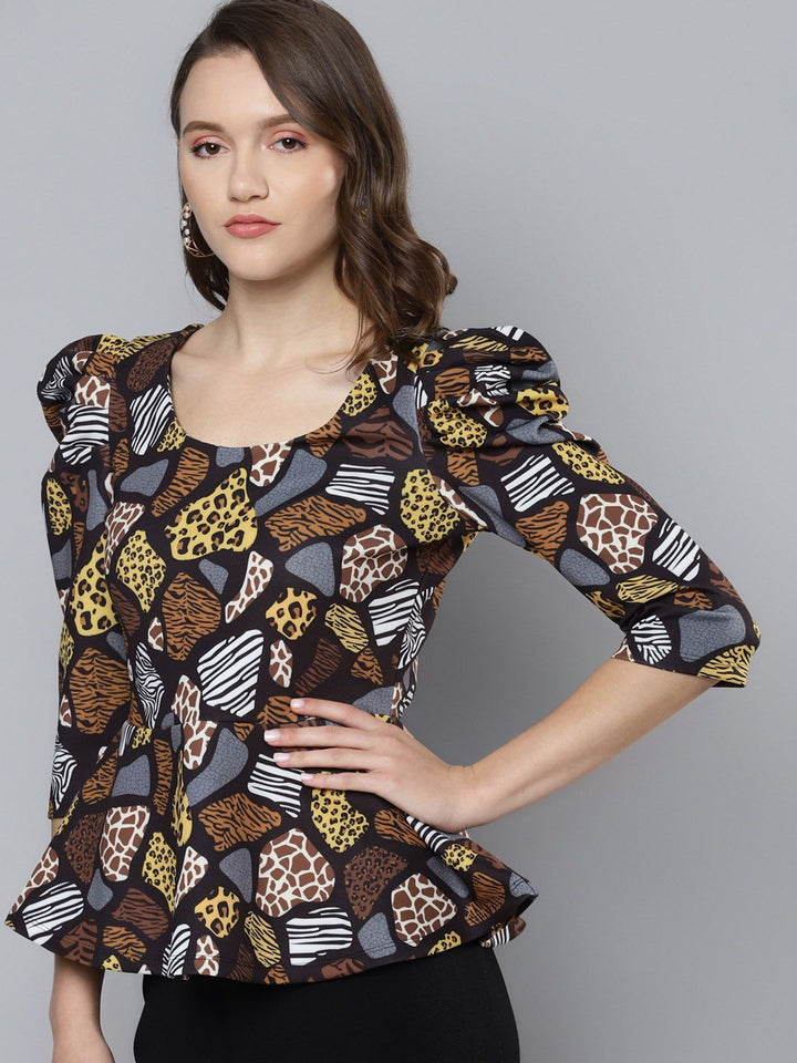 SASSAFRAS Black & Mustard Yellow Scuba Animal Print Peplum Top