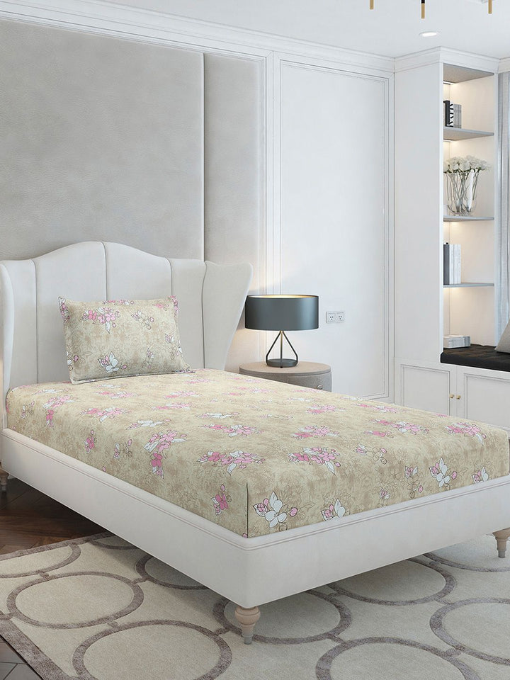 Monte Carlo Beige & White Floral Printed Cotton 104 TC Single Bedsheet Set2.24 m x 1.52 m