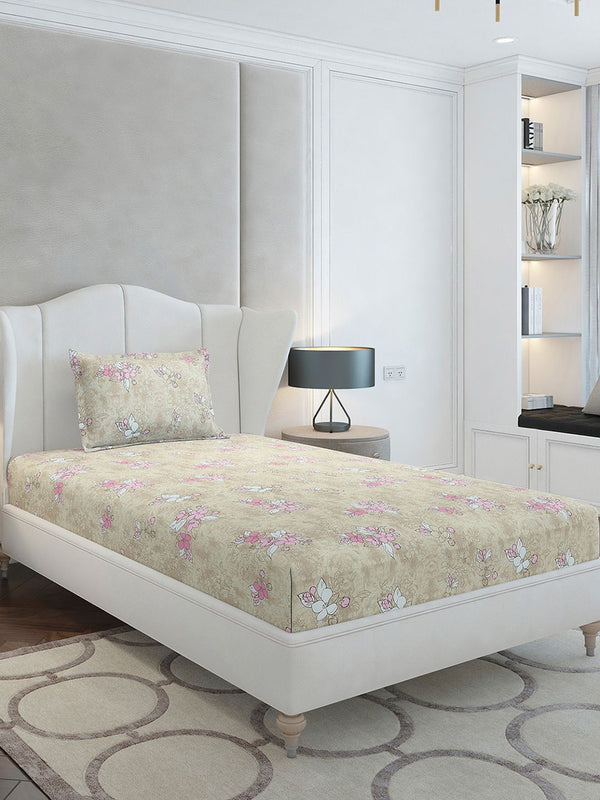 Monte Carlo Beige & White Floral Printed Cotton 104 TC Single Bedsheet Set2.24 m x 1.52 m